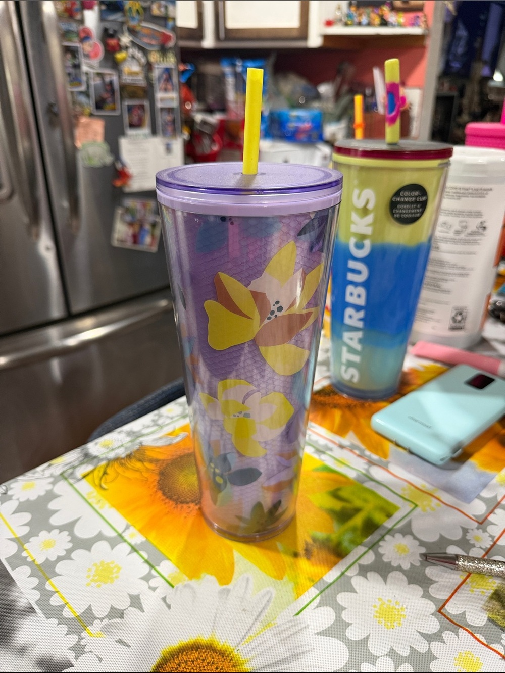 Starbucks Purple Floral Reusable Tumbler with Yellow Straw